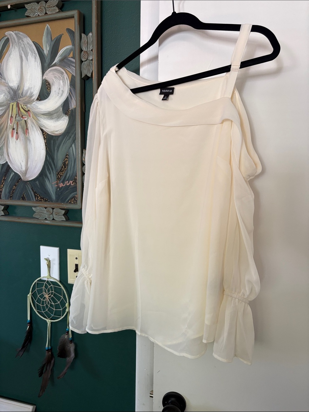 Torrid Cream One-Shoulder Chiffon Blouse